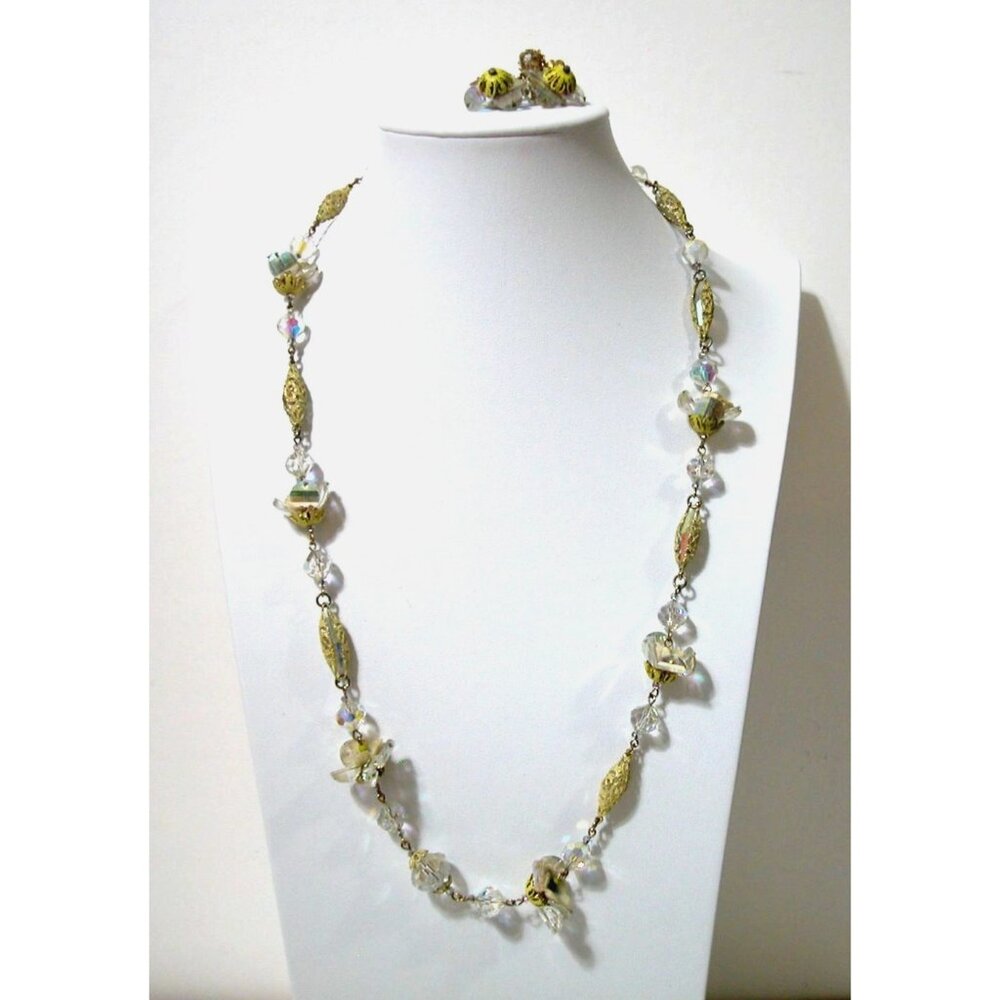 Vintage Crystal & Gold-Tone Necklace & Screw On Earrings Set